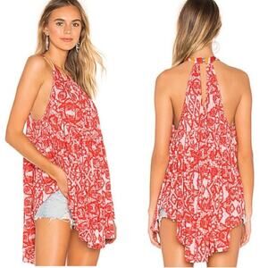 Free People Mimi Tunic Tank Top OB944887 Orange Yellow White Lace Print